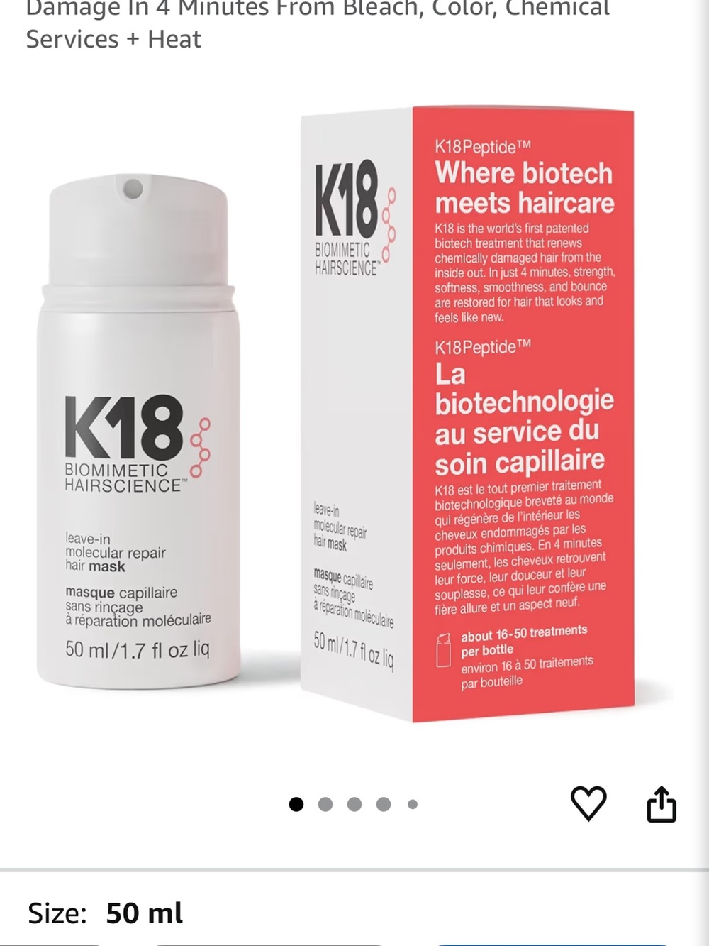 K18 Biomimetic Hairscience Leave-In Molecular Repair Hair Mask 1.7 oz Travel Sz - Picture 4 of 5